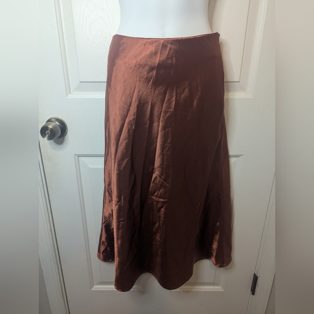 Altar'd State Bronze Copper Midi Boho Chic Satin Side Zipper Skirt, Size Small